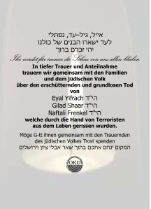 Gedenken an die ermordeten Jugendlichen Israels und Kel Male Rac